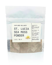 Package of St. Lucia green Sea Moss Powder with a label on a textured beige background from Sunflower Wellness.