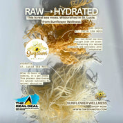  Side-by-side comparison of raw and hydrated St. Lucia sea moss from Sunflower Wellness. The top half shows sun-dried, golden sea moss in its raw form. The bottom half displays hydrated sea moss after 24 hours of soaking, appearing lighter and gel-ready.