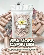 Sea moss capsules with Sunflower Wellness logo on a white background.