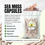 Sea moss capsule benefits with packaging and branding on a white background