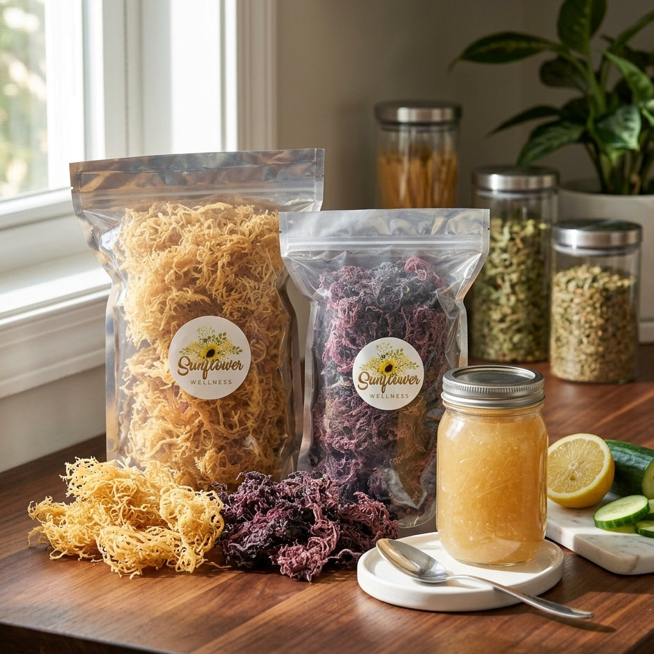 Sunflower Wellness St. Lucia sea moss in gold and purple varieties, packaged raw and shown with prepared sea moss gel on a kitchen counter.