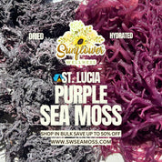 St. Lucia Purple Sea Moss by Sunflower Wellness, showing a comparison of dried wildcrafted sea moss on the left and hydrated sea moss on the right.