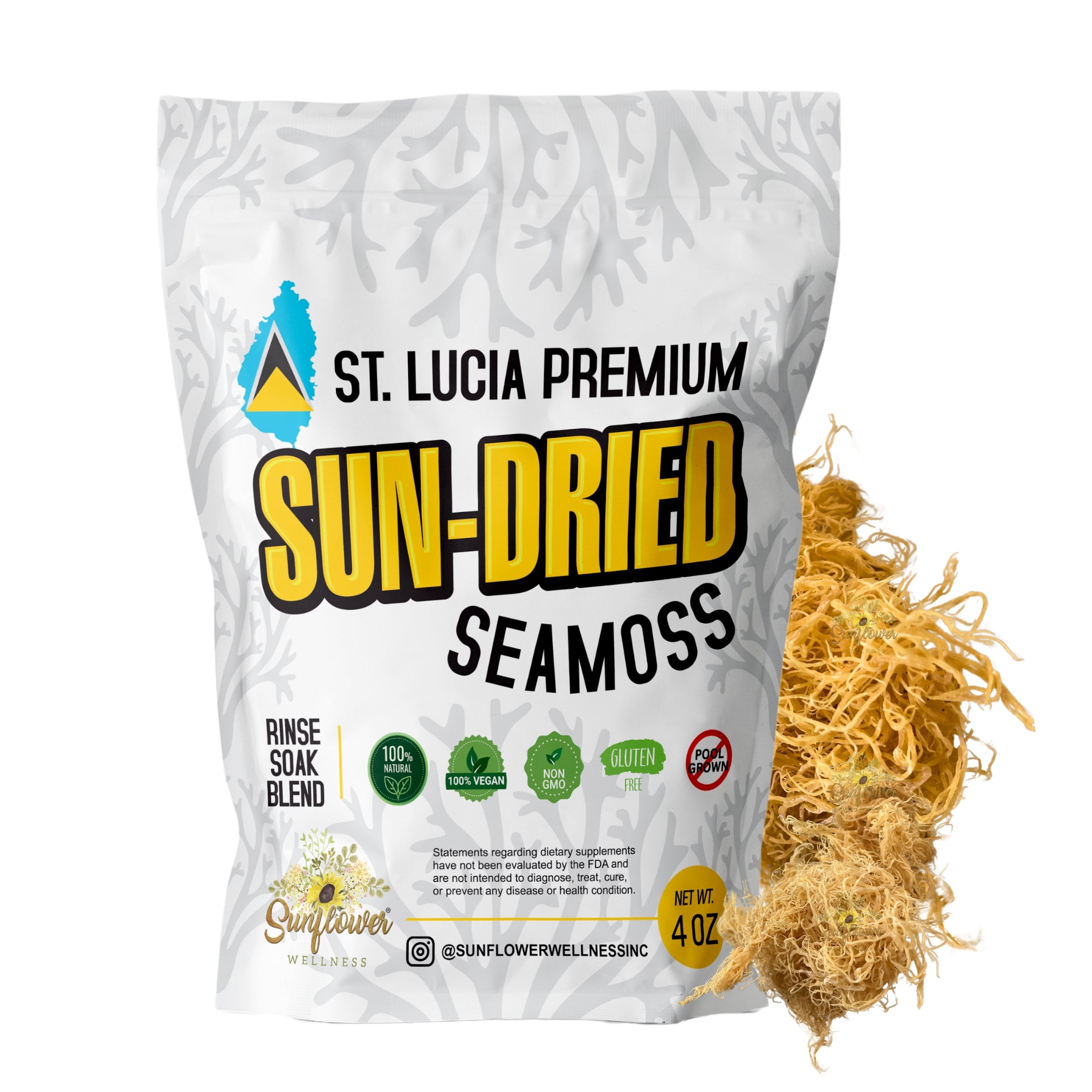 Raw wildcrafted gold sea moss from Saint Lucia in a 4oz bag perfect for gel making. 
