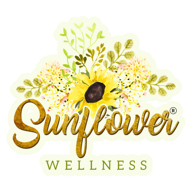 Sunflower Wellness logo with a sunflower and floral elements on a white background.